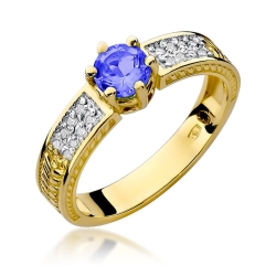 Pierścionek zaręczynowy z żółtego złota z tanzanitem i diamentami 0,08ct Fire Of Love  BW-75-tanzanit