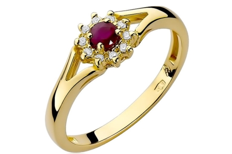 Przejdź do produktu Pierścionek zaręczynowy z żółtego złota z rubinem i diamentami 0,09ct Fire Of Love 