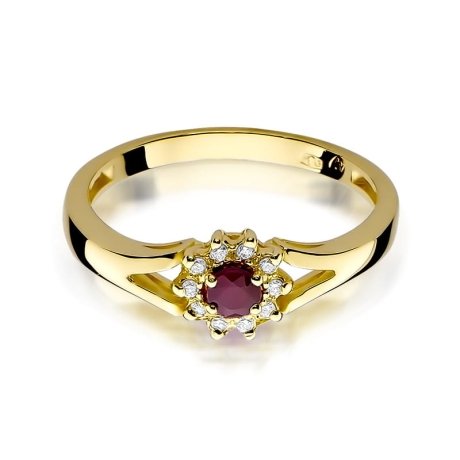 Przejdź do produktu Pierścionek zaręczynowy z żółtego złota z rubinem i diamentami 0,09ct Fire Of Love 