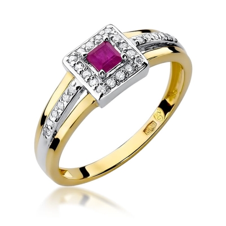 Przejdź do produktu Pierścionek zaręczynowy z żółtego złota z rubinem i diamentami 0,14ct Fire Of Love