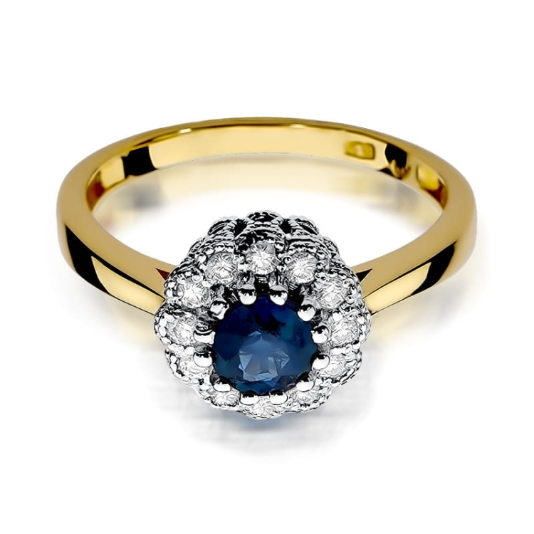 Pierścionek zaręczynowy z żółtego złota z szafirem i diamentami 0,17ct Fire Of Love BW-284-szafir
