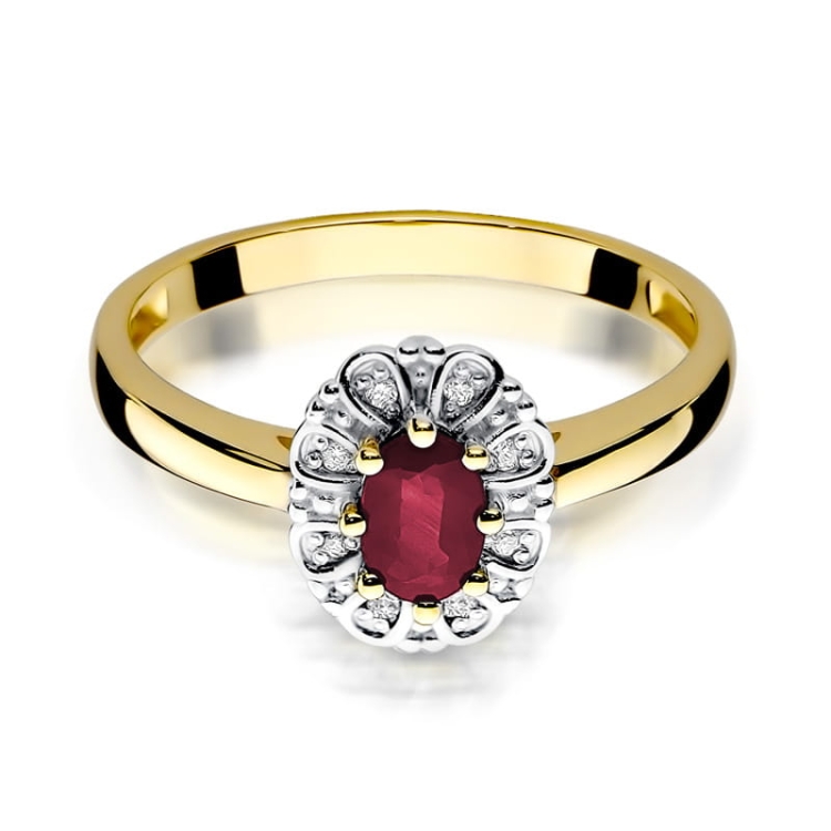 Pierścionek zaręczynowy z żółtego złota z rubinem i diamentami 0,07ct Fire Of Love BW-304-rubin