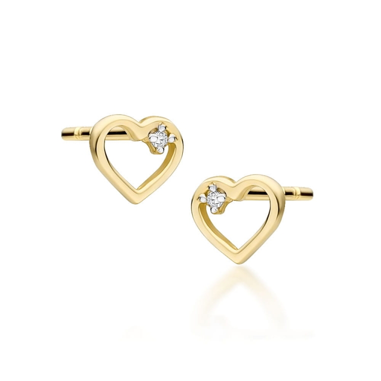 Kolczyki z żółtego złota 585 z diamentami 0,01ct serce The Diamonds BCK-34