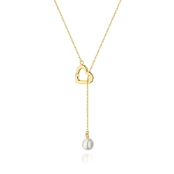 Naszyjnik krawatka z żółtego złota z diamentem 0,01ct i perłą serce The Diamonds BC-52