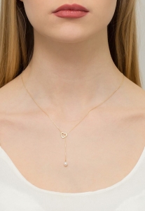 Naszyjnik krawatka z żółtego złota z diamentem 0,01ct i perłą serce The Diamonds BC-52