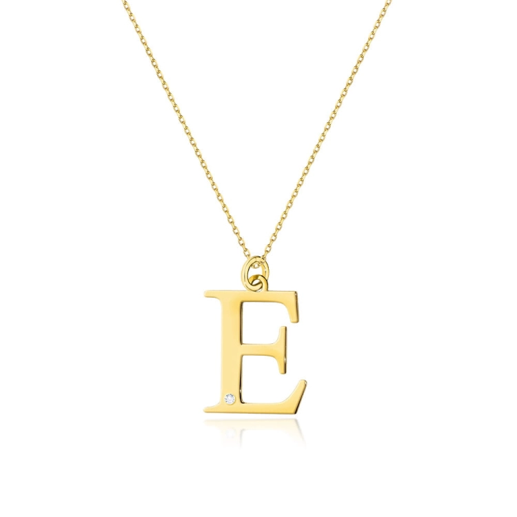 Naszyjnik z żółtego złota z diamentem 0,005ct duża litera E The Diamonds BC-70-E