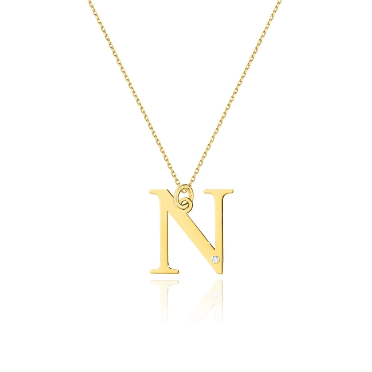 Naszyjnik z żółtego złota z diamentem 0,005ct duża litera N The Diamonds BC-70-N