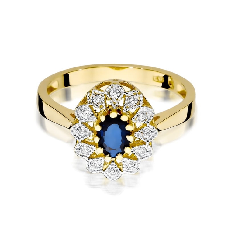 Pierścionek zaręczynowy z żółtego złota z szafirem i diamentami 0,10ct Fire Of Love BW-354-szafir