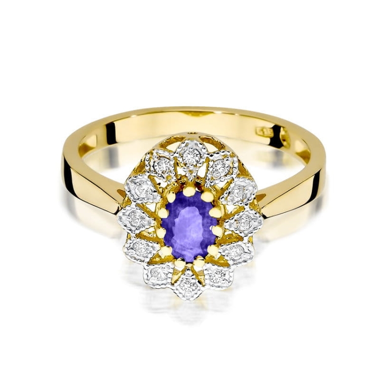 Pierścionek zaręczynowy z żółtego złota z tanzanitem i diamentami 0,10ct Fire Of Love BW-354-tanzanit