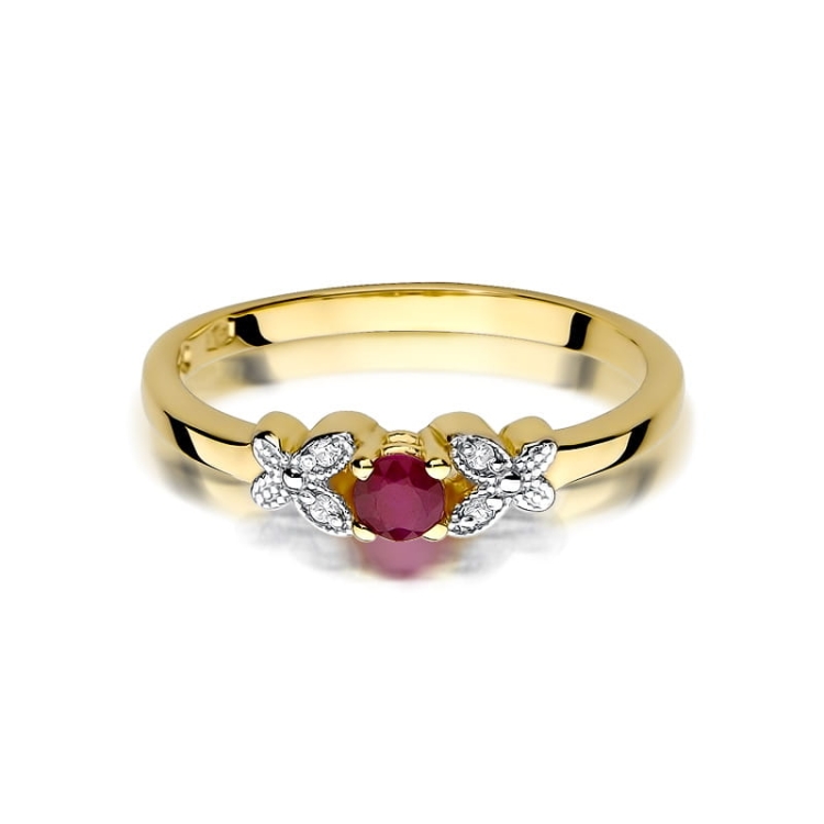 Pierścionek zaręczynowy z żółtego złota z rubinem i diamentami 0,02ct Fire Of Love BW-414-rubin