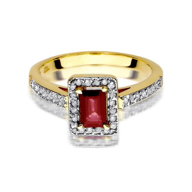 Pierścionek zaręczynowy z żółtego złota z rubinem i diamentami 0,22ct Fire Of Love BW-422-rubin